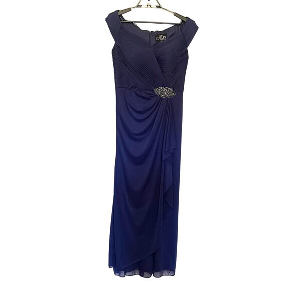 ALEX EVENINGS Off Shoulder Full Length Dress Sz 10 Navy Bling Ruching Dark Fairy - Picture 15 of 15